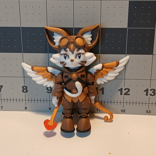 3D Printed Articulated Steampunk Cat Cupid with Bow and Heart-Shaped Arrow