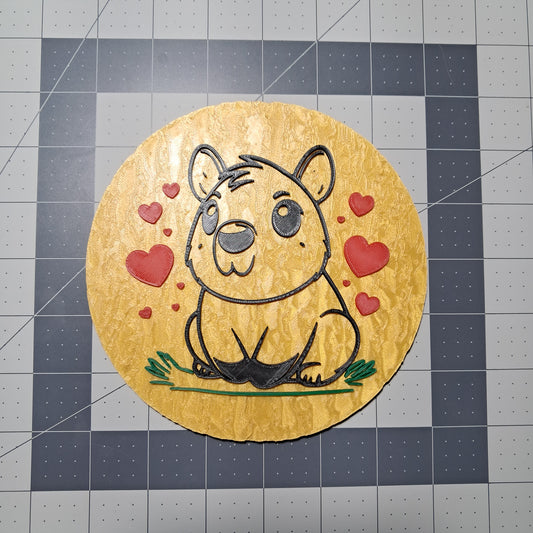 3D Printed Capybara with Hearts 2D Art Round Plaque